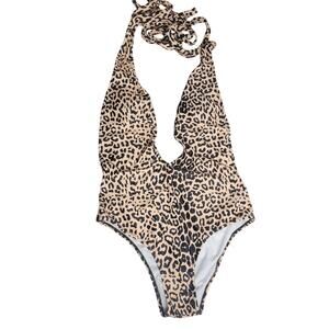 Grace Tempt Leopard Swim Suit One Piece Womens XL Halter Plunging Straps Padding